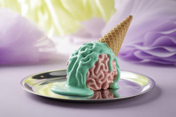 Whimsical Melting Brain-Shaped Ice Cream on Silver Plate with Pastel Background