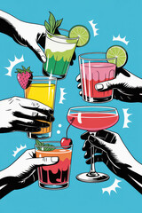 Colorful Celebration of Cocktails with Cheers and Refreshing Summer Vibes in Bright Blue Background