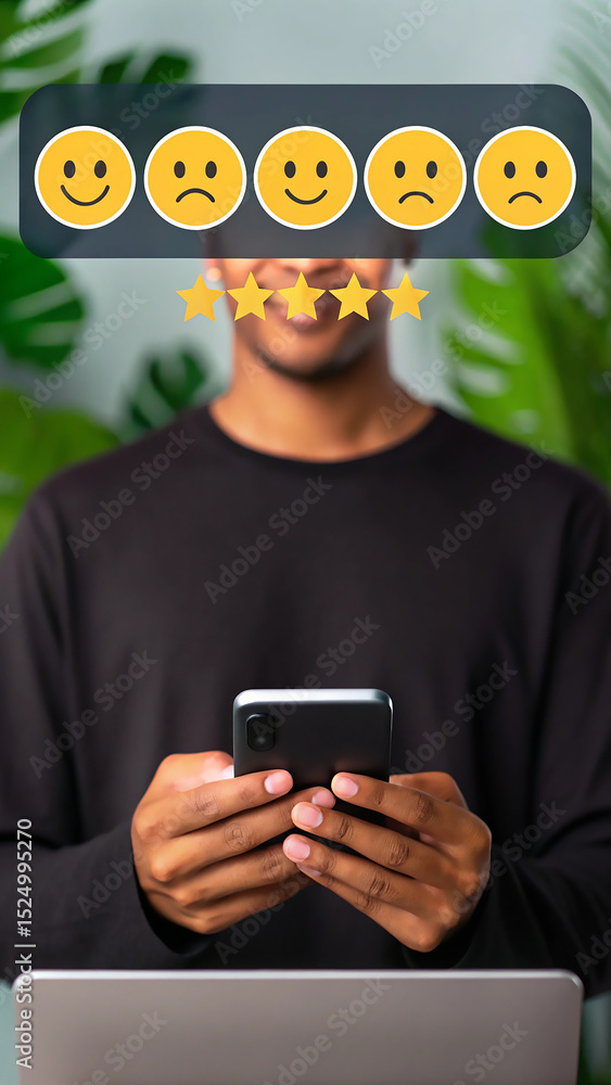 Poster person using smartphone for feedback. happy face emoticon with star ratings. modern tech interaction