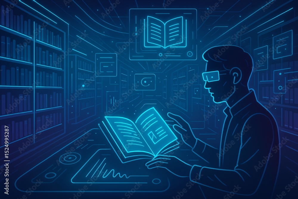 Poster exploring the future of reading: a person engaged with a digital book in a high-tech library environ