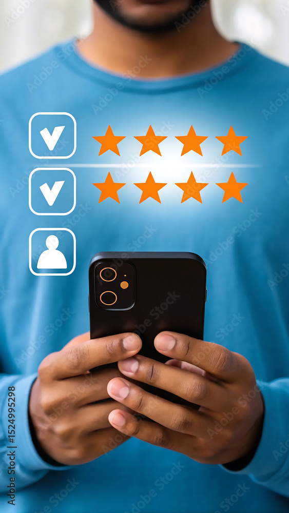 Poster close-up of smartphone with five-star rating system. digital interface for customer reviews. bright 
