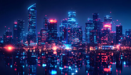 Obraz premium Futuristic Cityscape at Night With Glowing Lights, Representing Urban Development and Infrastructure Investment for Economic Growth and Technological Advancement