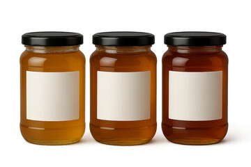 Three glass jars filled with honey, featuring blank white labels on transparent background, concept for food branding and packaging design