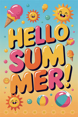Joyful Summer Greeting with Colorful Ice Cream and Playful Sunshine on Bright Gradient Background