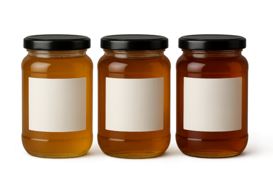 Three glass jars filled with honey, featuring blank white labels on transparent background, concept for food branding and packaging design