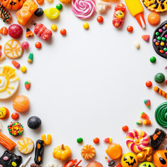 Halloween cookies shaped like pumpkins, ghosts, and bats positioned in a circle on white background