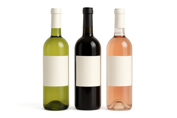 Three wine bottles with blank white labels on transparent background, concept for wine label design, beverage branding, and product packaging