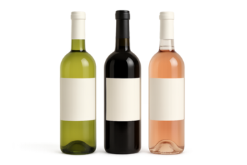 Three wine bottles with blank white labels on transparent background, concept for wine label design, beverage branding, and product packaging