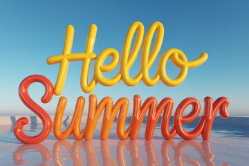 Vibrant 'Hello Summer' Typography in Bright Yellow and Orange Against a Clear Blue Sky