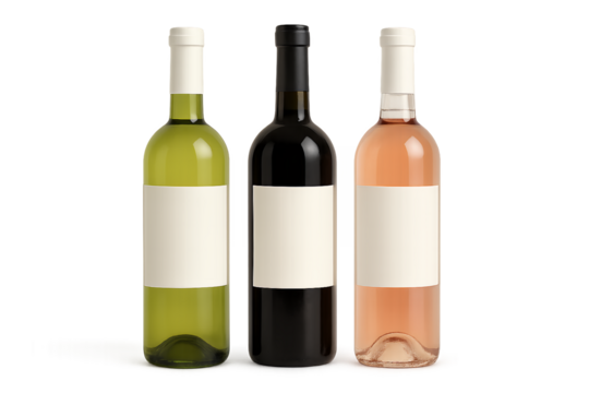 Three wine bottles with blank white labels on transparent background, concept for wine label design, beverage branding, and product packaging