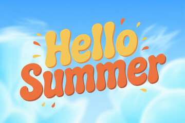 Playful Hello Summer Typography in Vibrant Orange and Yellow Against a Bright Blue Sky