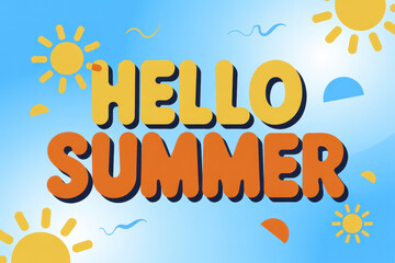 Vibrant and Playful 'Hello Summer' Typography Against a Bright Blue Sky with Cheerful Sunshine Elements