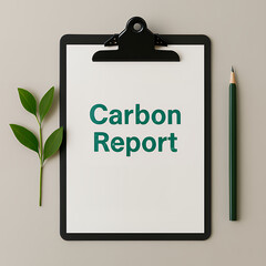 A clipboard displaying a Carbon Report is placed on a beige background, with a pencil and leaves.