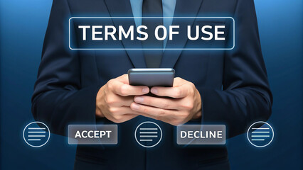 Digital terms of use agreement on smartphone screen. User consent and legal agreement interaction. Accept or decline options for online contracts.