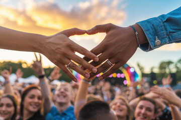 Joyful Music Festival Celebration with Hands Forming Heart Shape Against a Vibrant Sunset