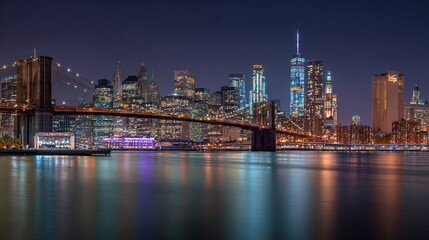 Naklejka premium New York Bridge at Night Across River New York Bridge at Night Across River