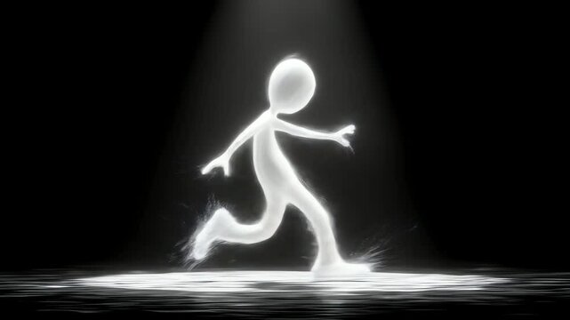 Lithe white limbed figure stands spotlighted on a textured bright surface against a dark backdrop