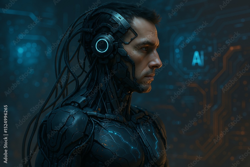 Aufkleber a futuristic cybernetic human with advanced neural interfaces set against an intricate technological