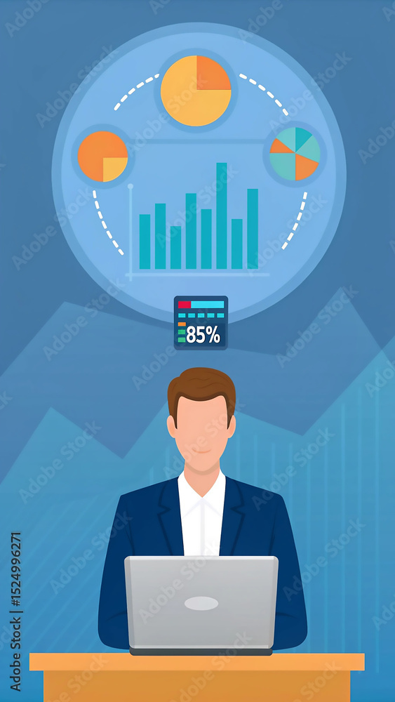 Poster business professional analyzing financial data with holographic charts. tech-driven office worker in