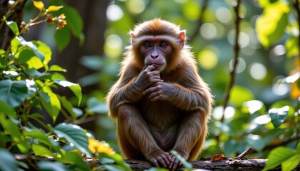 Fototapeta premium timeless macaque photographed in a grooming pose in a humid jungle, in a classic wildlife photography style, with earthy green tones, dappled sunlight, high resolution