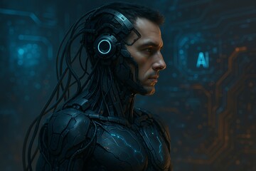 A Futuristic Cybernetic Human with Advanced Neural Interfaces Set Against an Intricate Technological Background, Symbolizing the Integration of AI and Humanity