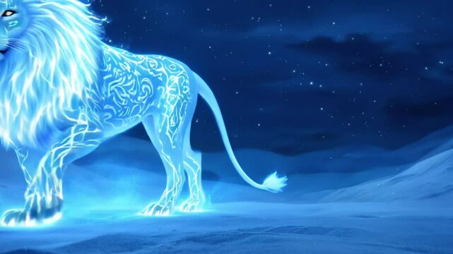 Electric blue lion standing in a snow-covered landscape under a starlit night sky