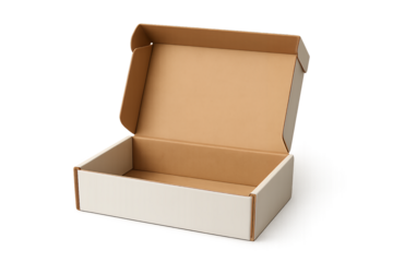 Open white and beige cardboard box on transparent background, concept for product packaging design and ecommerce delivery