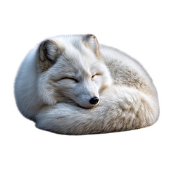 white arctic fox lying curled up, isolated on transparent background