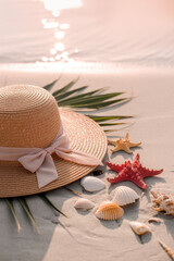 Summer Beach Vibes with Straw Hat and Seashells on Soft Sandy Shore in Warm Sunset Glow