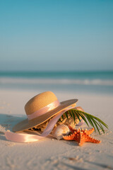 Beachside Serenity with Straw Hat and Seashells in Soft Sunlight