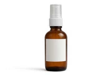 Amber glass spray bottle with white label on transparent background, concept for cosmetic product packaging design