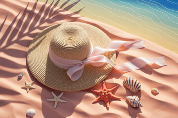 Tropical Beach Relaxation Scene with Sun Hat, Seashells, and Gentle Waves in Warm Pastel Tones