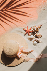 Summer Vibes with Straw Hat, Seashells, and Starfish on Sandy Beach Under Gentle Tropical Sun