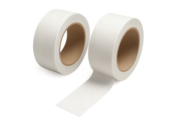 Two rolls of white strapping tape on transparent background, concept for packaging, shipping, and industrial materials