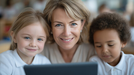 Engaged Multiethnic Students with Teacher in Bright Classroom