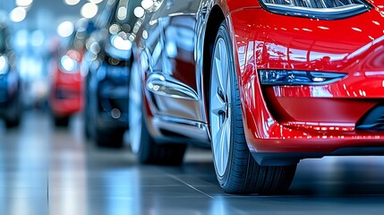 Modern car dealership showcasing new vehicles with sleek design elements and vibrant colors