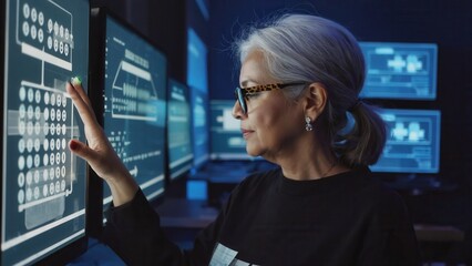 A senior woman in glasses interacts with a digital interface surrounded by futuristic light, symbolizing experience merging with advanced technology and lifelong learning in the digital era