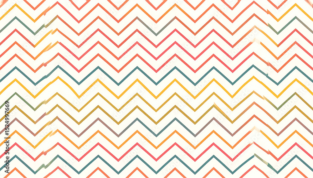 Poster a repeating pattern of multicolored chevron stripes on a white background, interspersed with subtle,