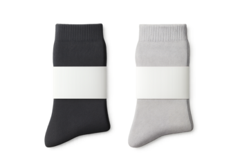 Close-up view of a pair of gray and black socks with blank white label packaging, concept for apparel product presentation, branding, and retail mock-up