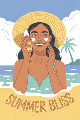 Joyful Woman Enjoying Summer Bliss with Sunscreen on Beach under Clear Blue Sky