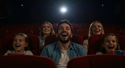 Laughter and Joy in a Movie Theater: A Group of Friends Enjoying a Comedy Film Together in a Cozy Cinema Setting