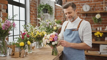 A florist arranges a colorful bouquet at a flower shop, symbolizing creativity, small business pride, artisanal work, and the joy of transforming nature into beauty