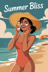 Joyful Woman Enjoying a Refreshing Drink at the Beach on a Sunny Day in Vibrant Summer Colors