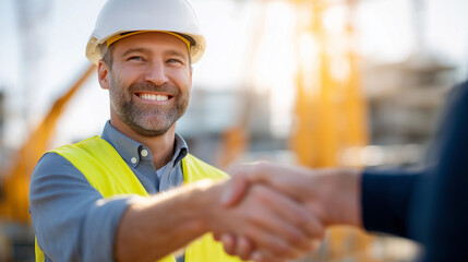 Construction workers handshake at busy construction site with cranes