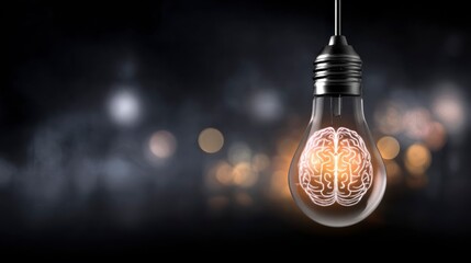 Light bulb with brain inside hanging and glowing close up photo on black blurr background