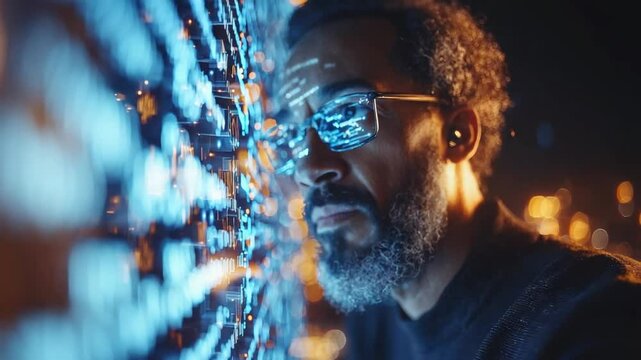 Close-up of a person intensely focusing on a glowing wall of code at night