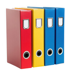 Four colorful lever arch files isolated on transparent background