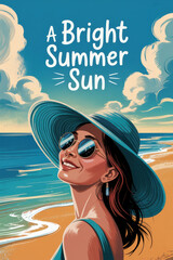 Joyful Woman in Stylish Sun Hat Enjoying a Vibrant Summer Day by the Beach with Ocean Waves