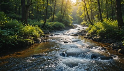 Obraz premium Serene forest stream flowing gently through lush green trees at sunrise, a tranquil nature scene.