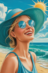 Joyful Young Woman Smiling Under a Bright Sun with Vibrant Beach Waves in a Refreshing Atmosphere
